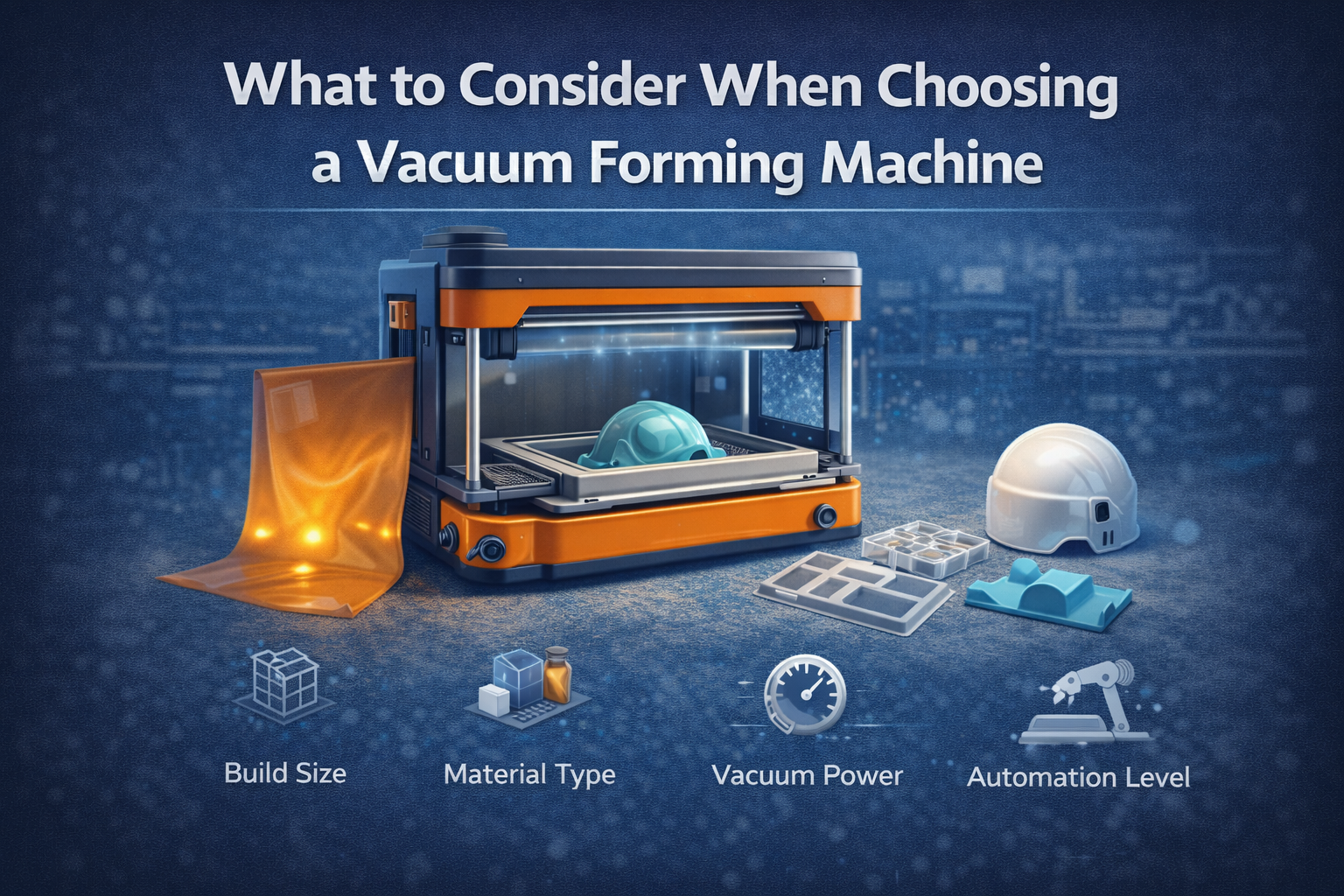 Vacuum forming machine with plastic sheet forming over a mold illustrating key machine selection factors