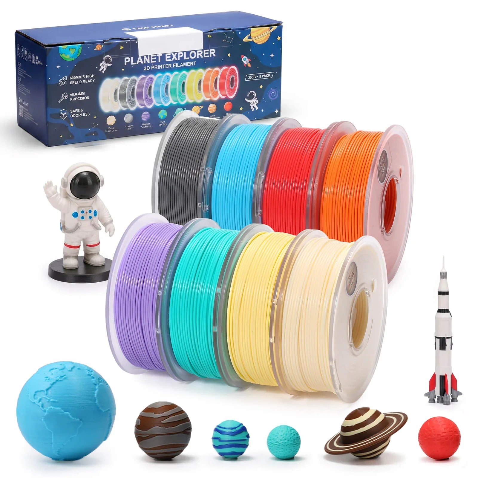 PLA Filament 1.75mm, Planet Explorer 8-Color Mini Spool Bundle, 250g Each, High-Speed PLA, +/-0.02mm Accuracy, Easy-to-Print, Compatible with Most FDM 3D Printers SainSmart.com