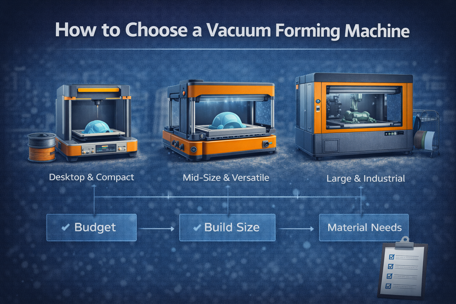 Comparison of desktop, mid-size, and industrial vacuum forming machines used for plastic forming