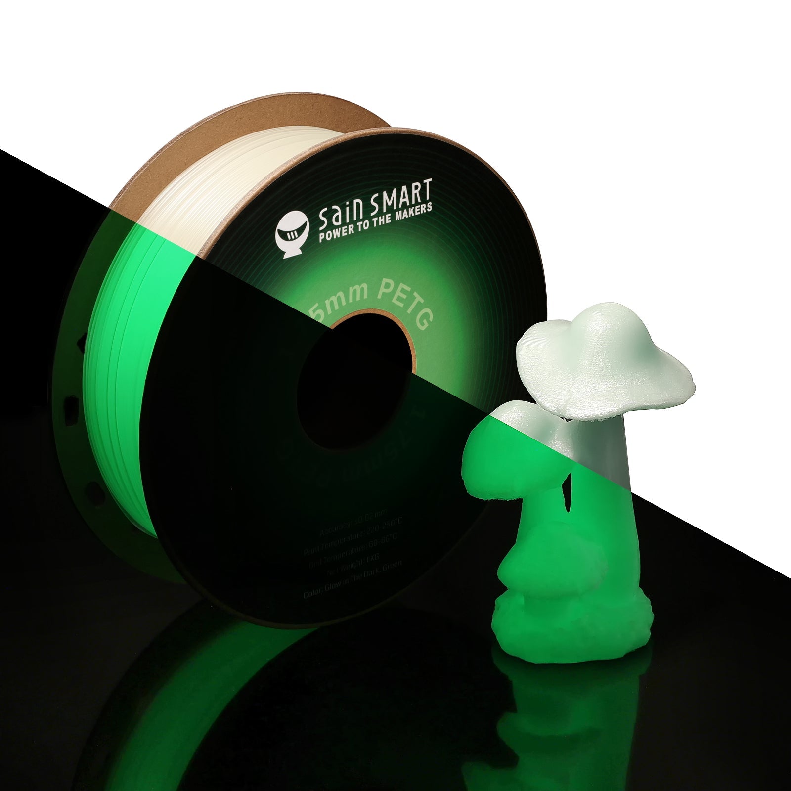 Glow-in-the-dark Green 1.75mm PRO-3 PETG Filament, 1kg SainSmart.com