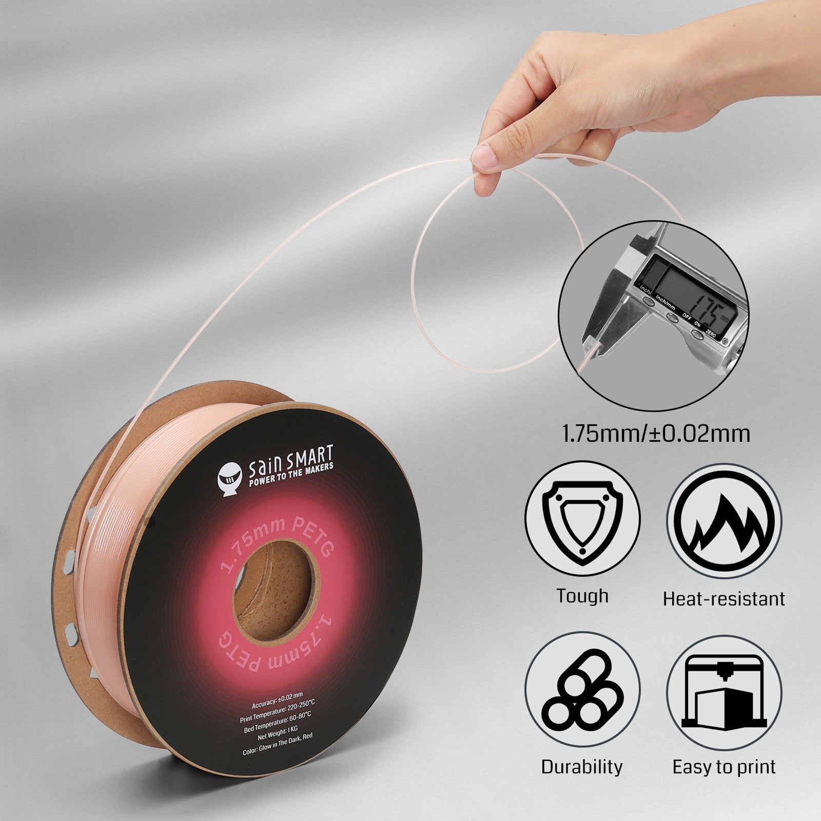 Glow-in-the-dark Red 1.75mm PRO-3 PETG Filament, 1kg SainSmart.com
