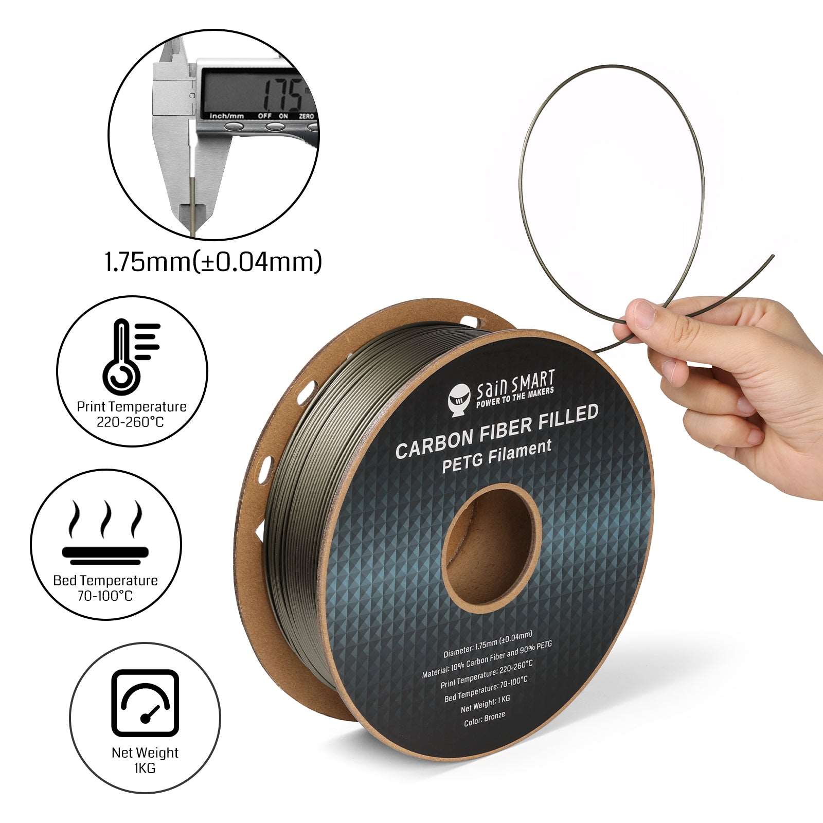 Black, Bronze Carbon Fiber PETG Filament, 1.75mm, Accuracy +/-0.04mm 1KG (2.2lbs) SainSmart.com