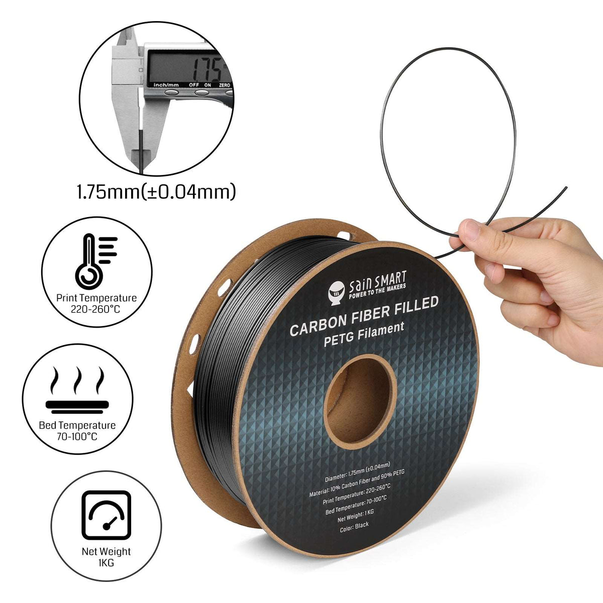 SainSmart Carbon Fiber PETG Filament – 1.75mm, 1kg (2.2 lb), Black & Bronze SainSmart.com