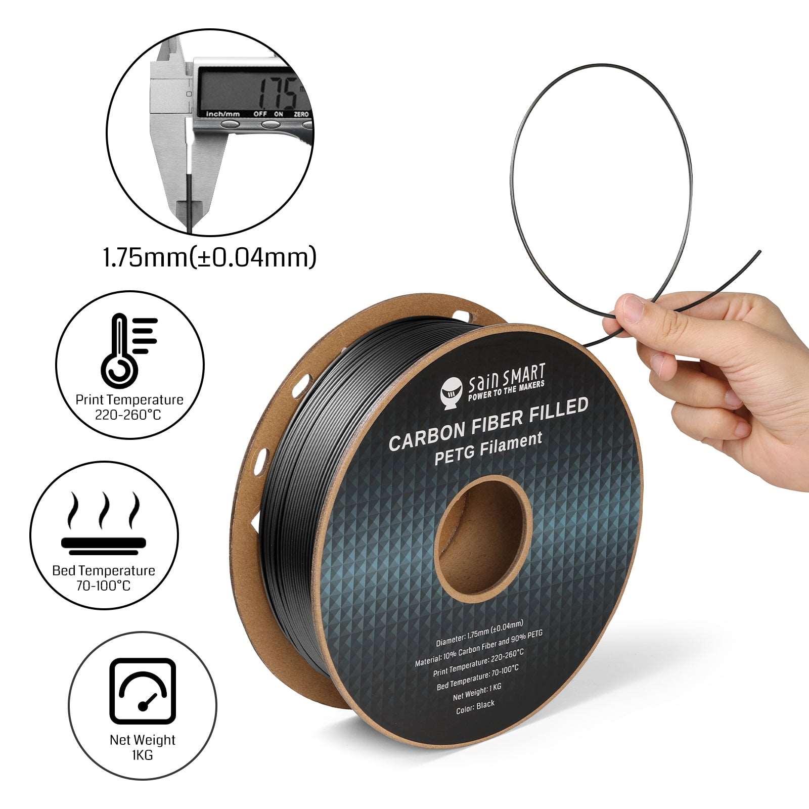 Black, Bronze Carbon Fiber PETG Filament, 1.75mm, Accuracy +/-0.04mm 1KG (2.2lbs) SainSmart.com