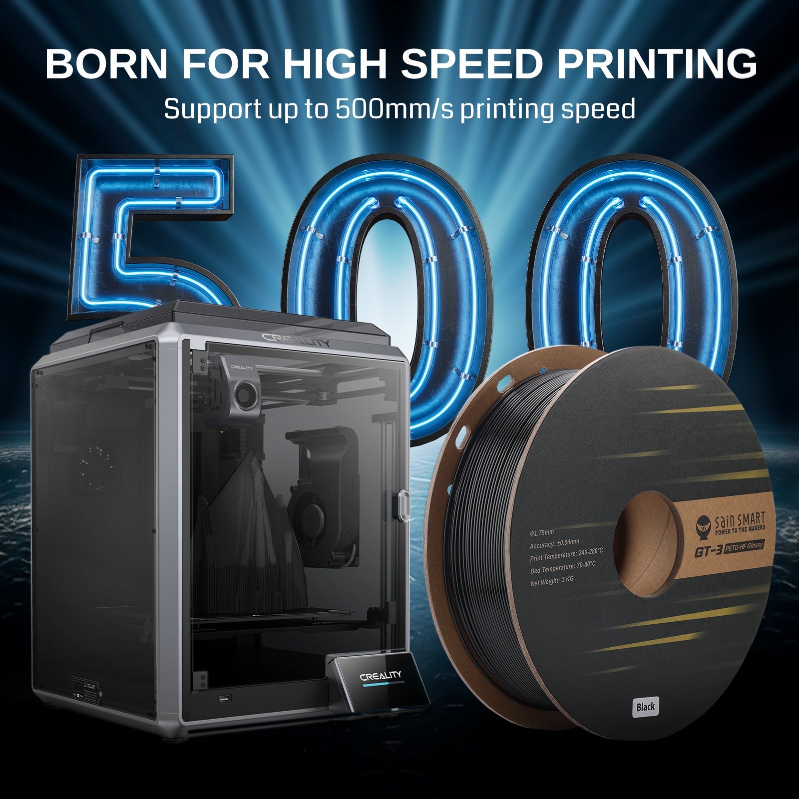 GT-3 High Speed PETG Filament, Glossy, 1.75mm, +/-0.04mm, 1KG, Black White Transparent SainSmart.com