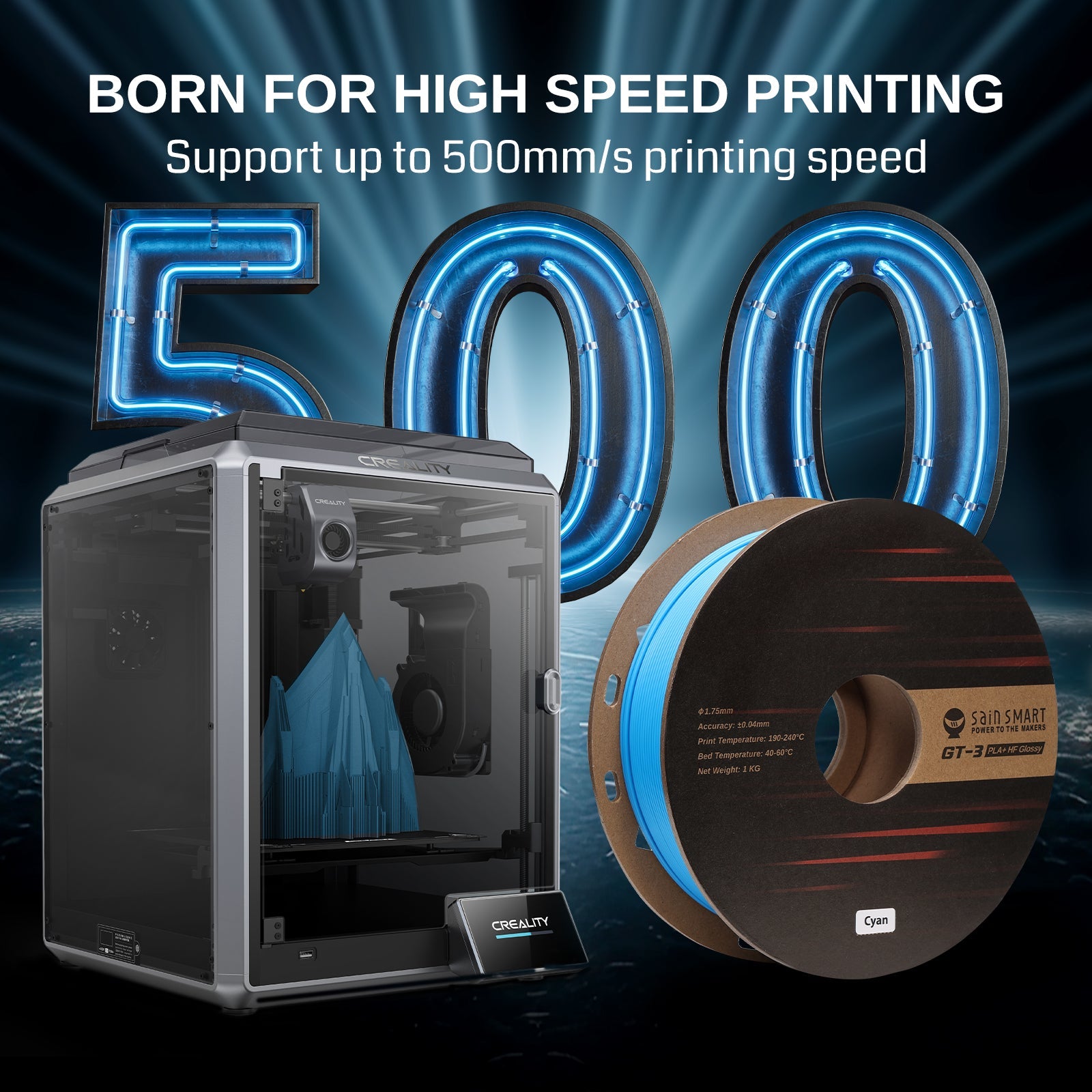 GT-3 High Speed Glossy PLA+ Filament 1.75mm, 1KG, ±0.04mm, Cyan/Magenta/Yellow/Silver SainSmart.com