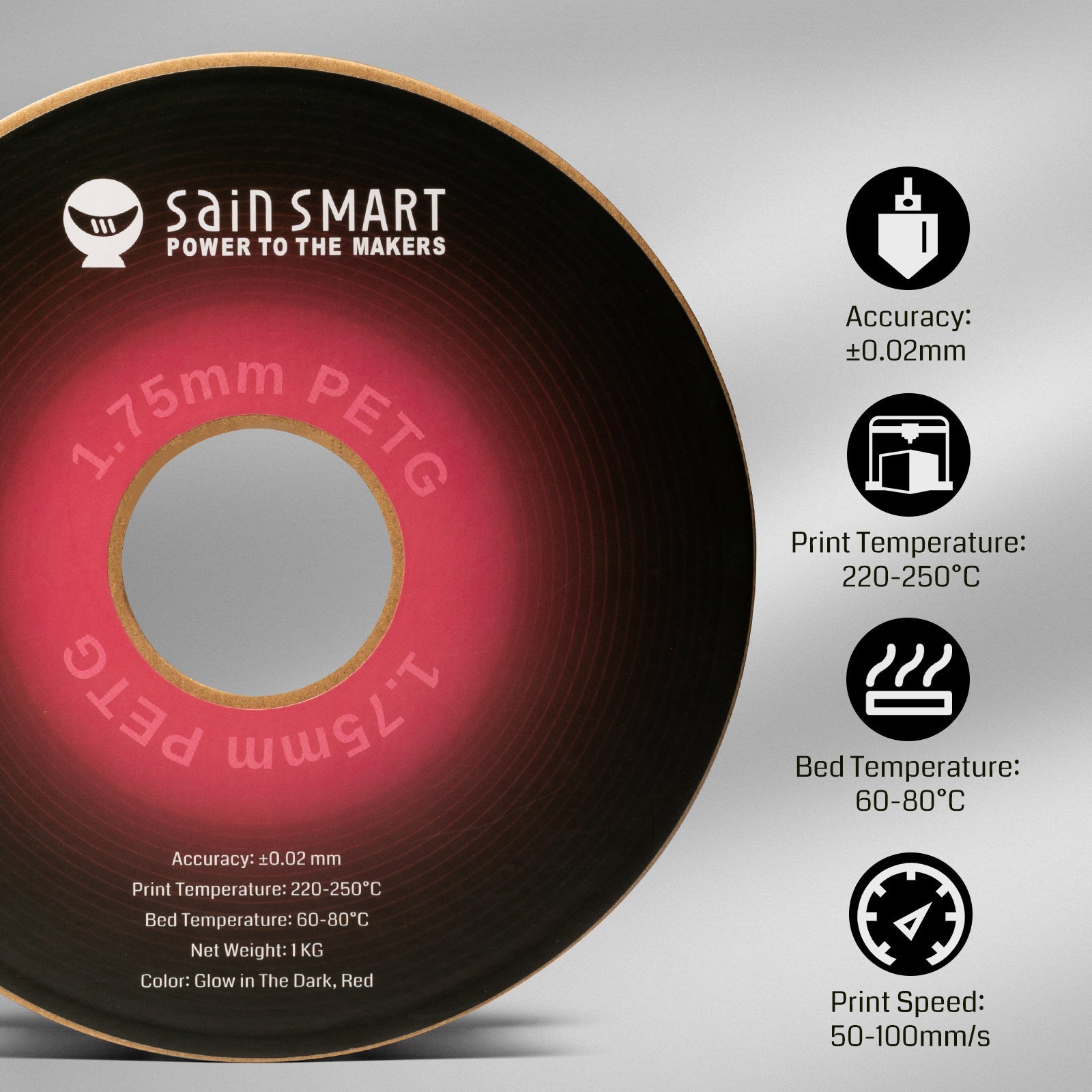 Glow-in-the-dark Red 1.75mm PRO-3 PETG Filament, 1kg SainSmart.com