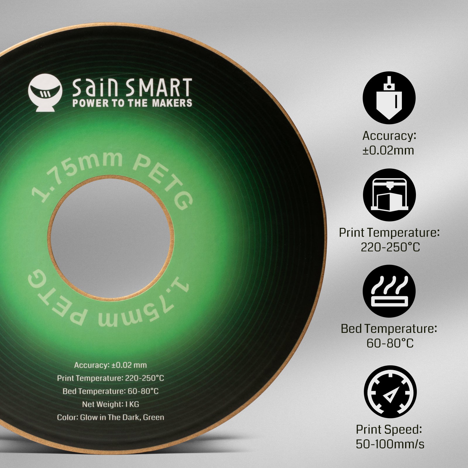 Glow-in-the-dark Green 1.75mm PRO-3 PETG Filament, 1kg SainSmart.com