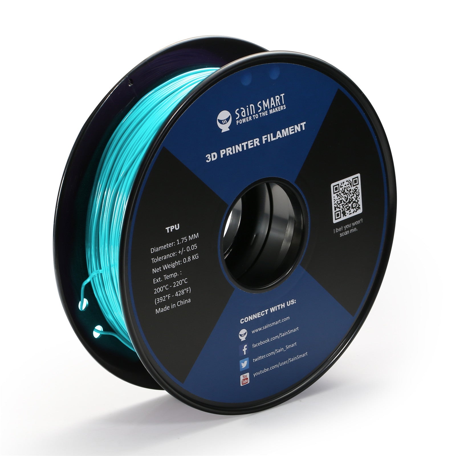 Neon Cyan, Cyberpunk Color TPU Filament 1.75mm 0.8kg/1.76lb SainSmart.com