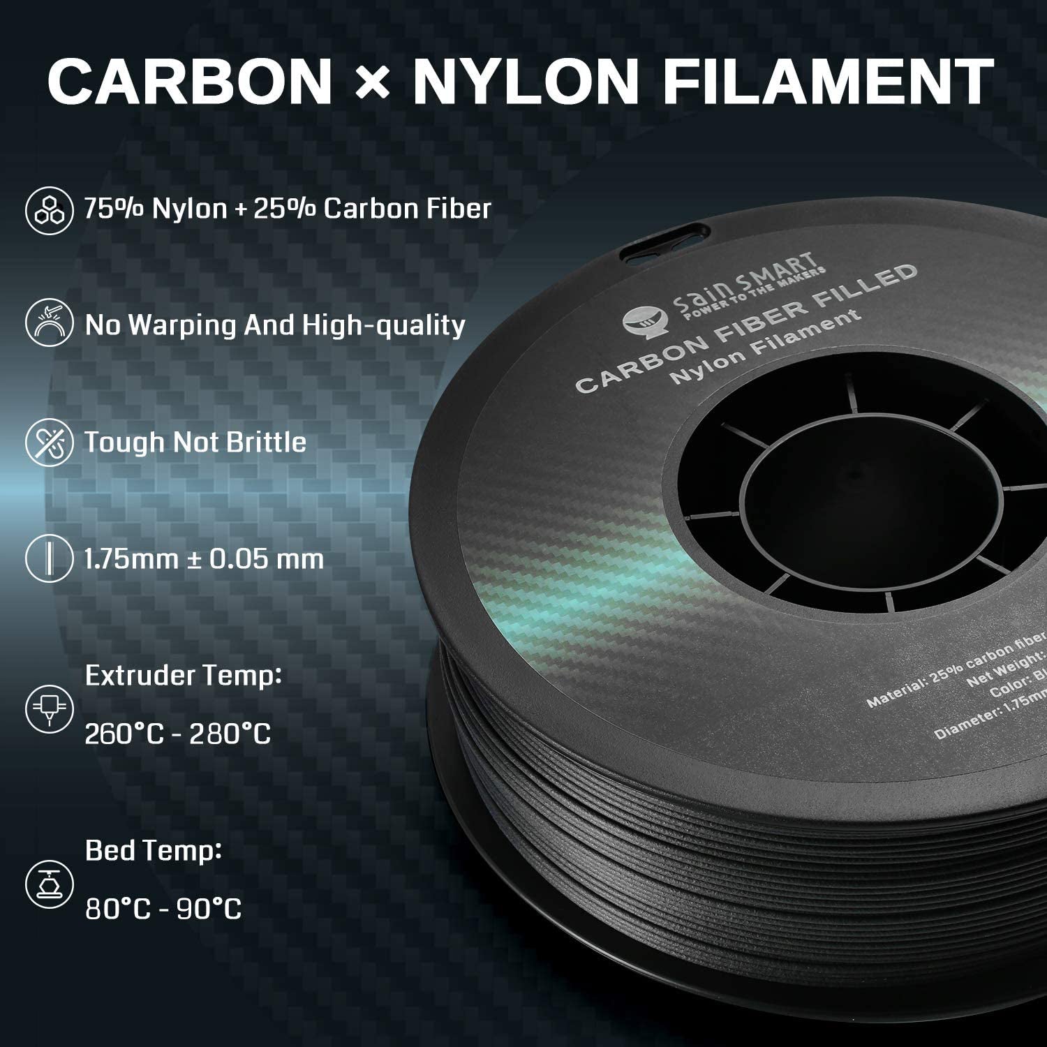 Nylon+ Carbon Fiber Filament 1.75mm 1kg/2.2lb, Black SainSmart.com