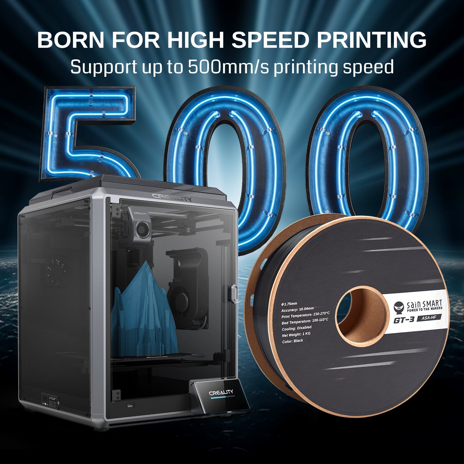 GT-3 High-Speed ASA Filament, 1.75mm Black, UV & Weather Resistant, Fit for Outdoor Functional Parts, 1kg, Accuracy +/- 0.04 mm SainSmart.com