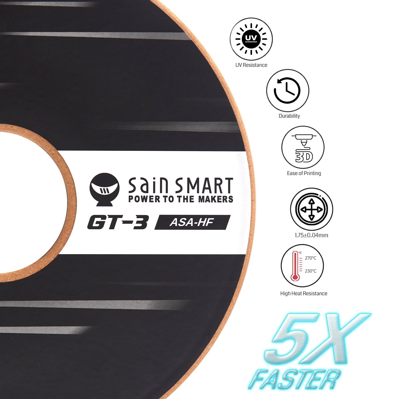 GT-3 High-Speed ASA Filament, 1.75mm Black, UV & Weather Resistant, Fit for Outdoor Functional Parts, 1kg, Accuracy +/- 0.04 mm SainSmart.com