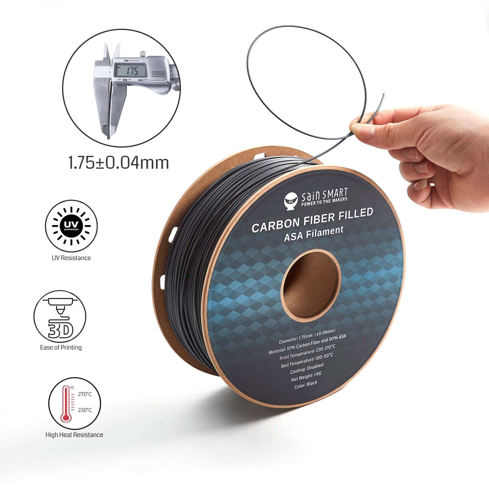 Carbon Fiber ASA Filament, 1.75mm Black, UV & Weather Resistant, Fit for Outdoor Functional Parts, 1kg, Accuracy +/- 0.04 mm SainSmart.com