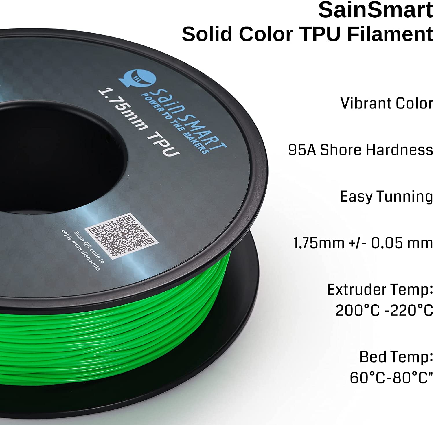 Neon Green, Cyberpunk Color TPU Filament 1.75mm 0.8kg/1.76lb SainSmart.com