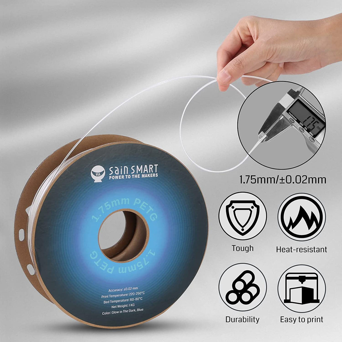 SainSmart PRO-3 Glow-in-the-Dark PETG Filament – Blue, 1.75mm, 1kg (2.2 lb) SainSmart.com