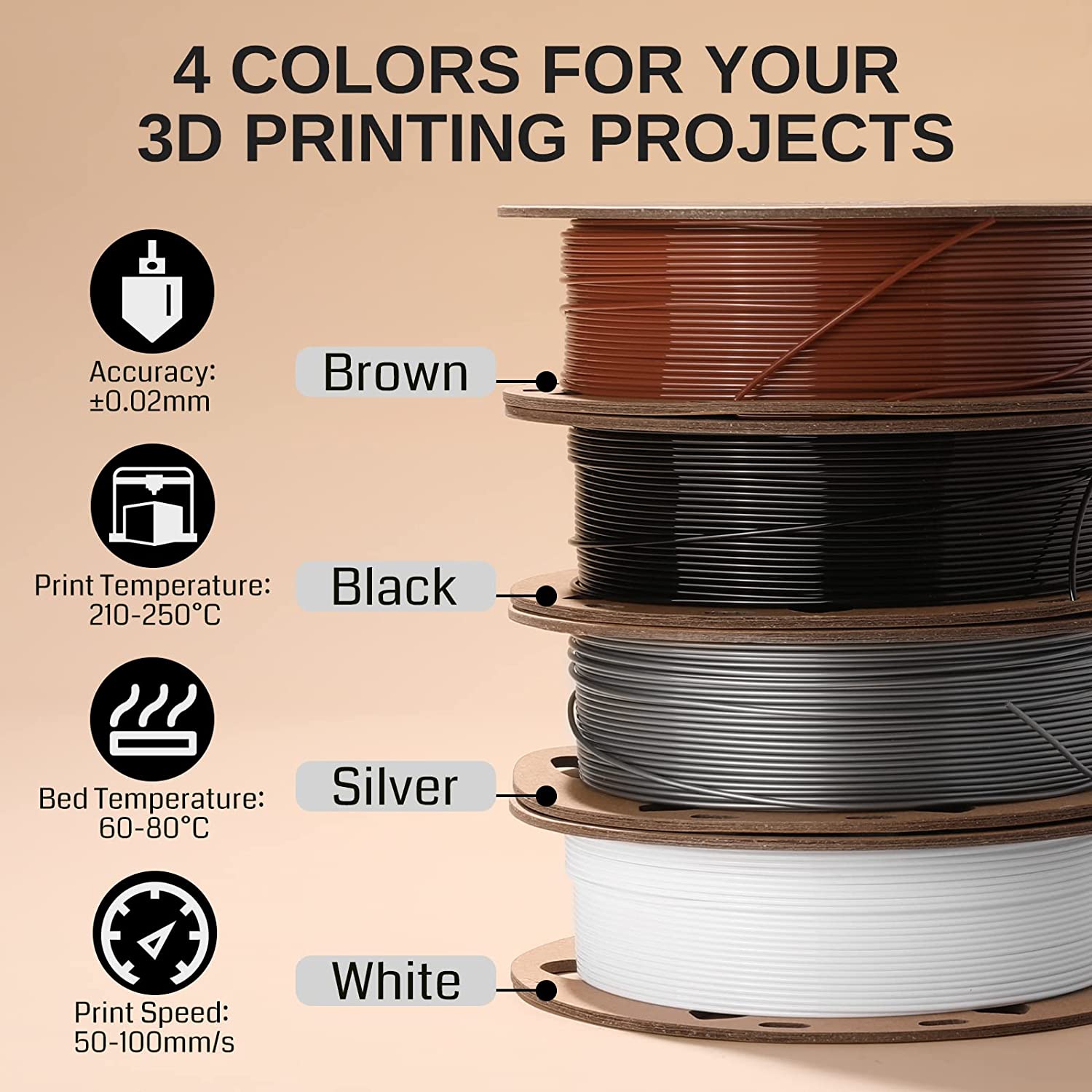 Black, White, Brown, Silver 1.75mm PRO-3 PETG Filament, 500g x 4pack SainSmart.com