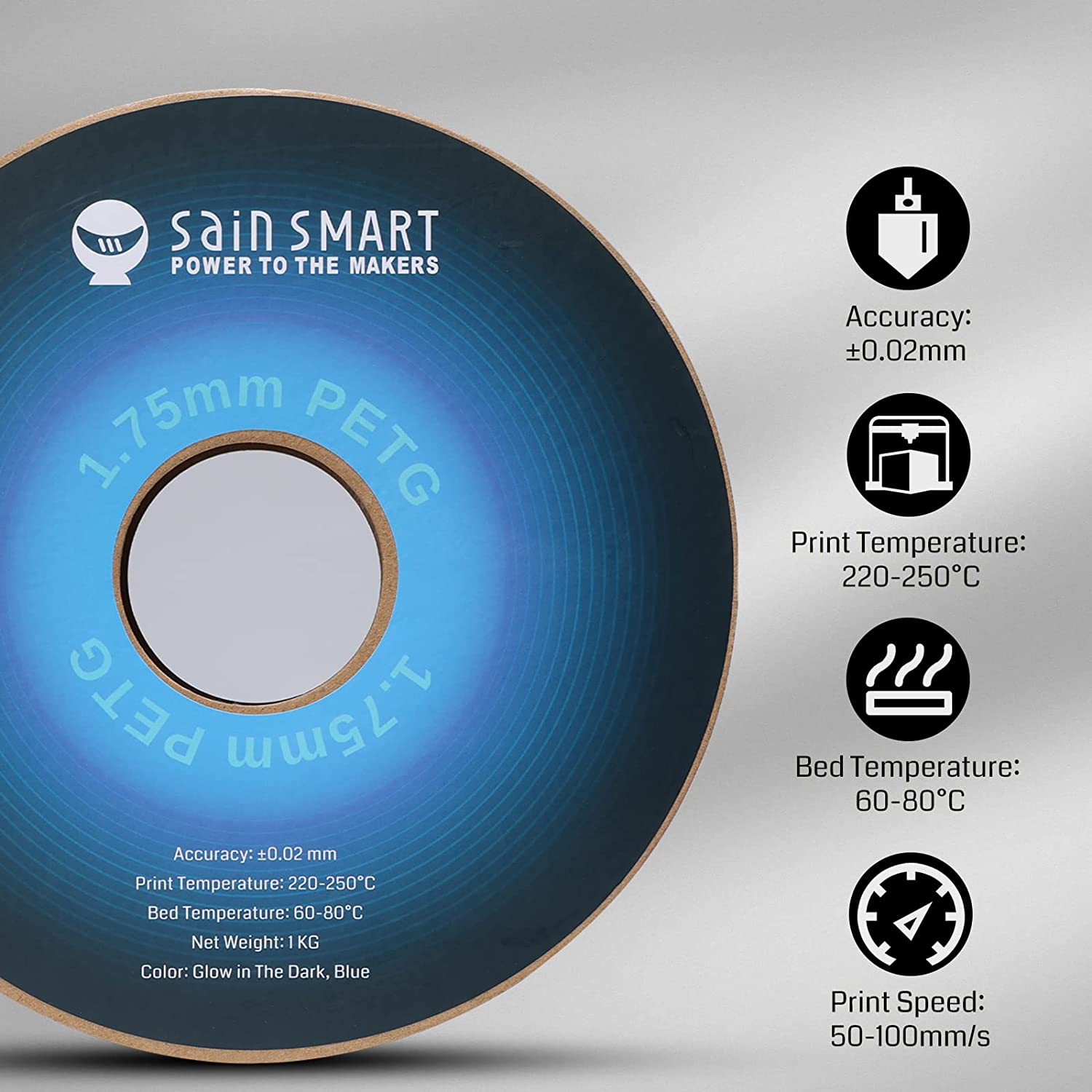 Glow-in-the-dark Blue 1.75mm PRO-3 PETG Filament, 1kg SainSmart.com