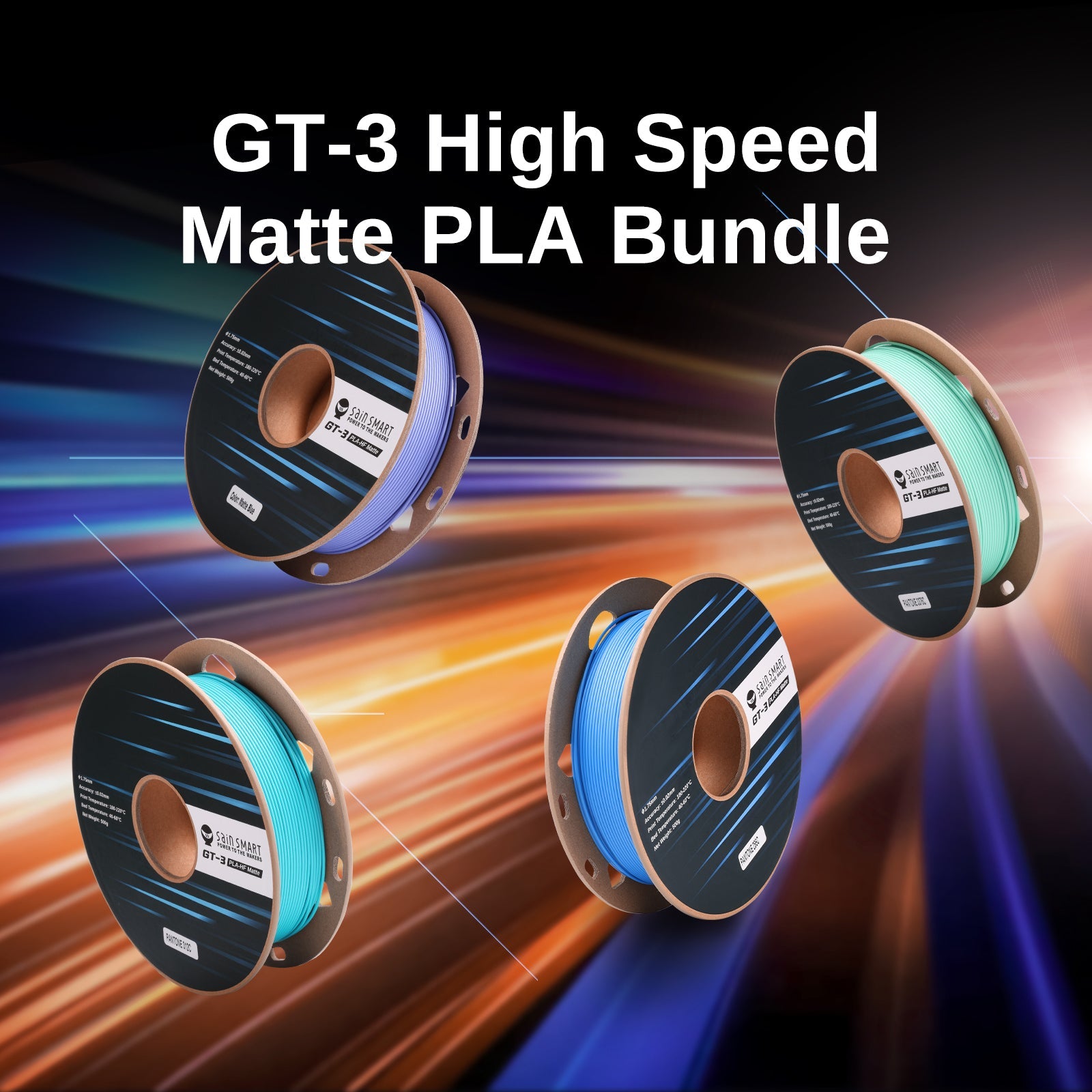GT-3 High Speed Four-Color Bundle Matte PLA Filament, 1.75mm 500g X 4 Spools, 4.4lbs (2kg) Blue, Green, Violet, Indigo SainSmart.com