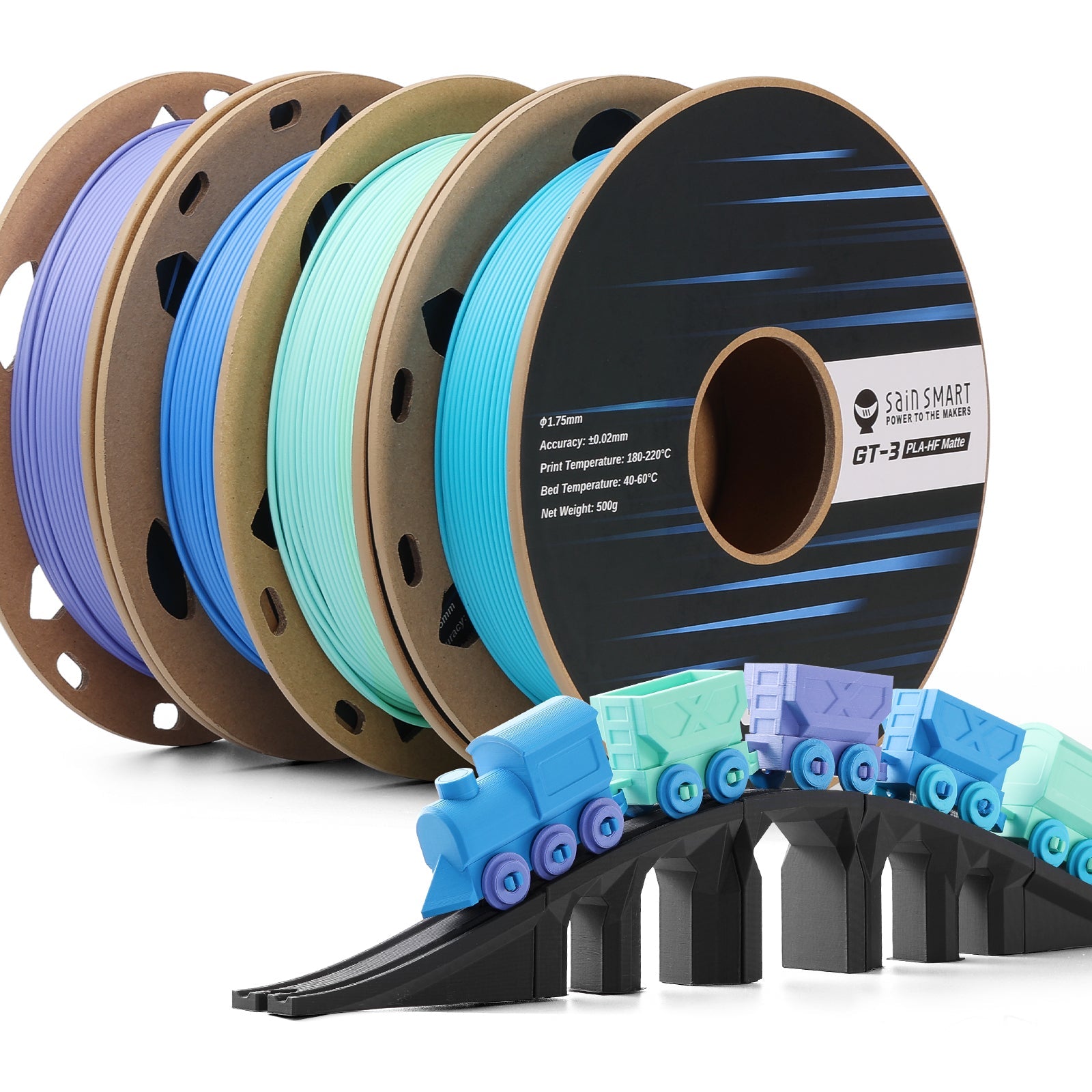 GT-3 High Speed Four-Color Bundle Matte PLA Filament, 1.75mm 500g X 4 Spools, 4.4lbs (2kg) Blue, Green, Violet, Indigo SainSmart.com