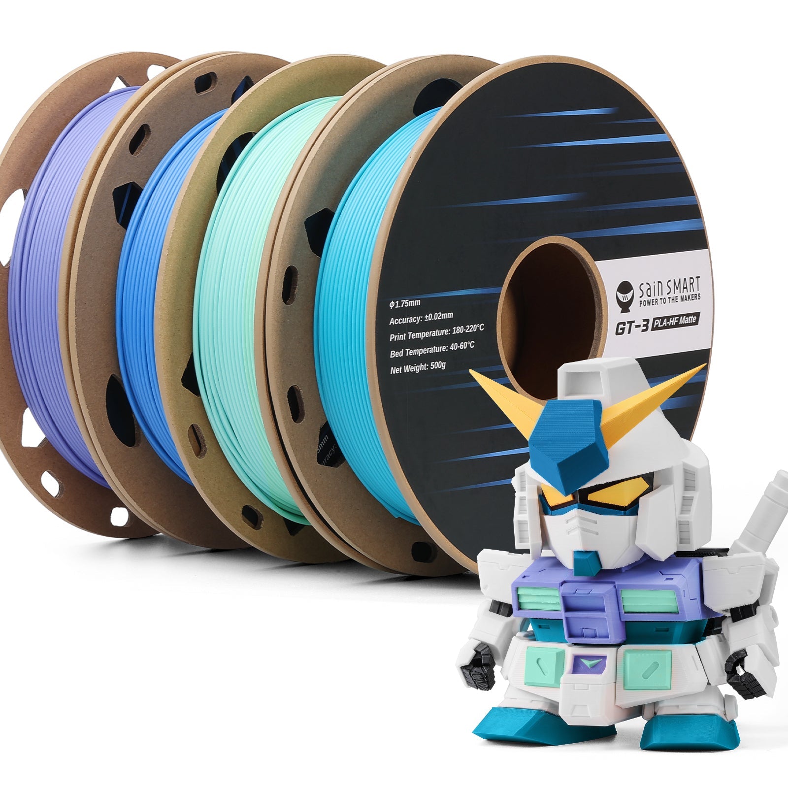 GT-3 High Speed Four-Color Bundle Matte PLA Filament, 1.75mm 500g X 4 Spools, 4.4lbs (2kg) Blue, Green, Violet, Indigo SainSmart.com