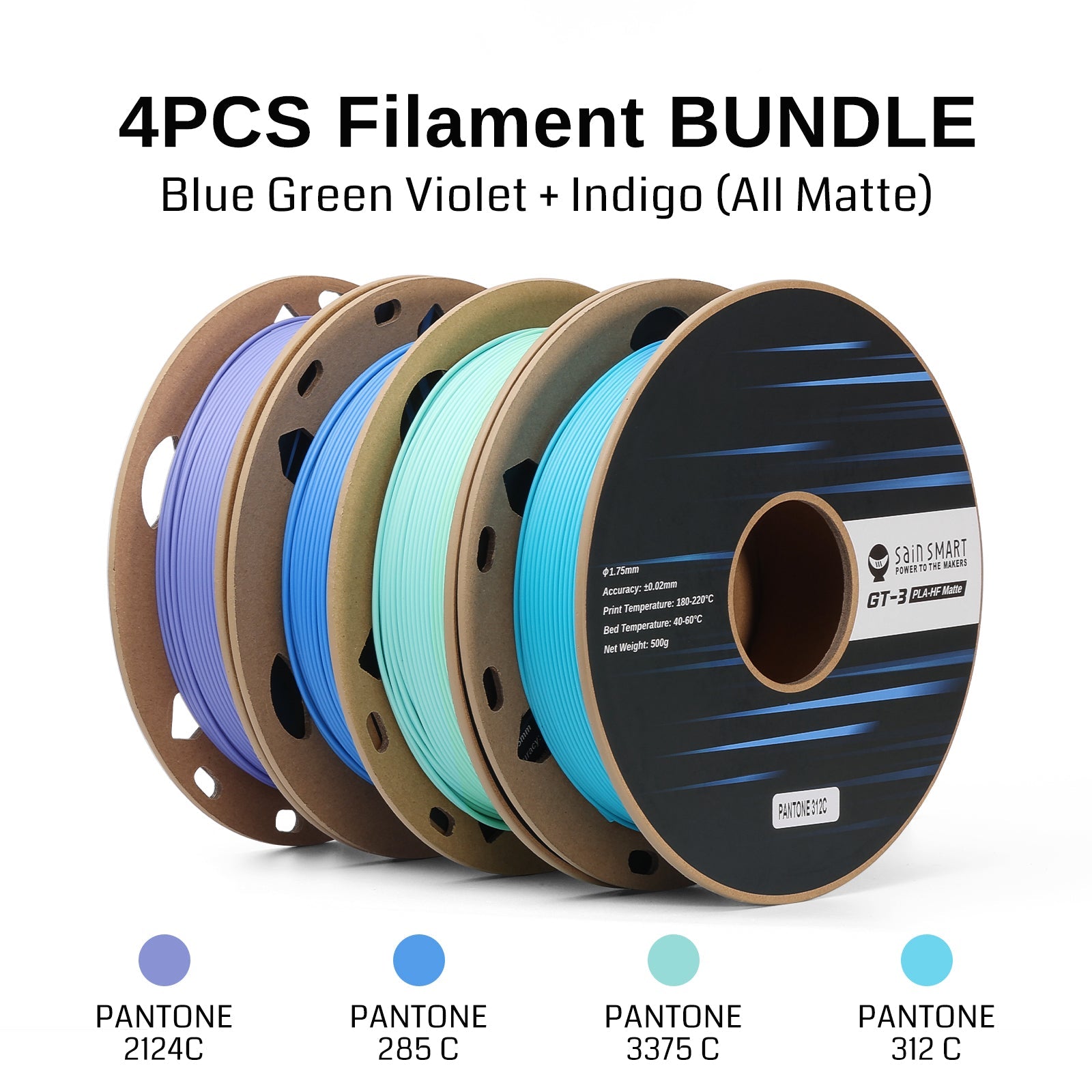 GT-3 High Speed Four-Color Bundle Matte PLA Filament, 1.75mm 500g X 4 Spools, 4.4lbs (2kg) Blue, Green, Violet, Indigo SainSmart.com