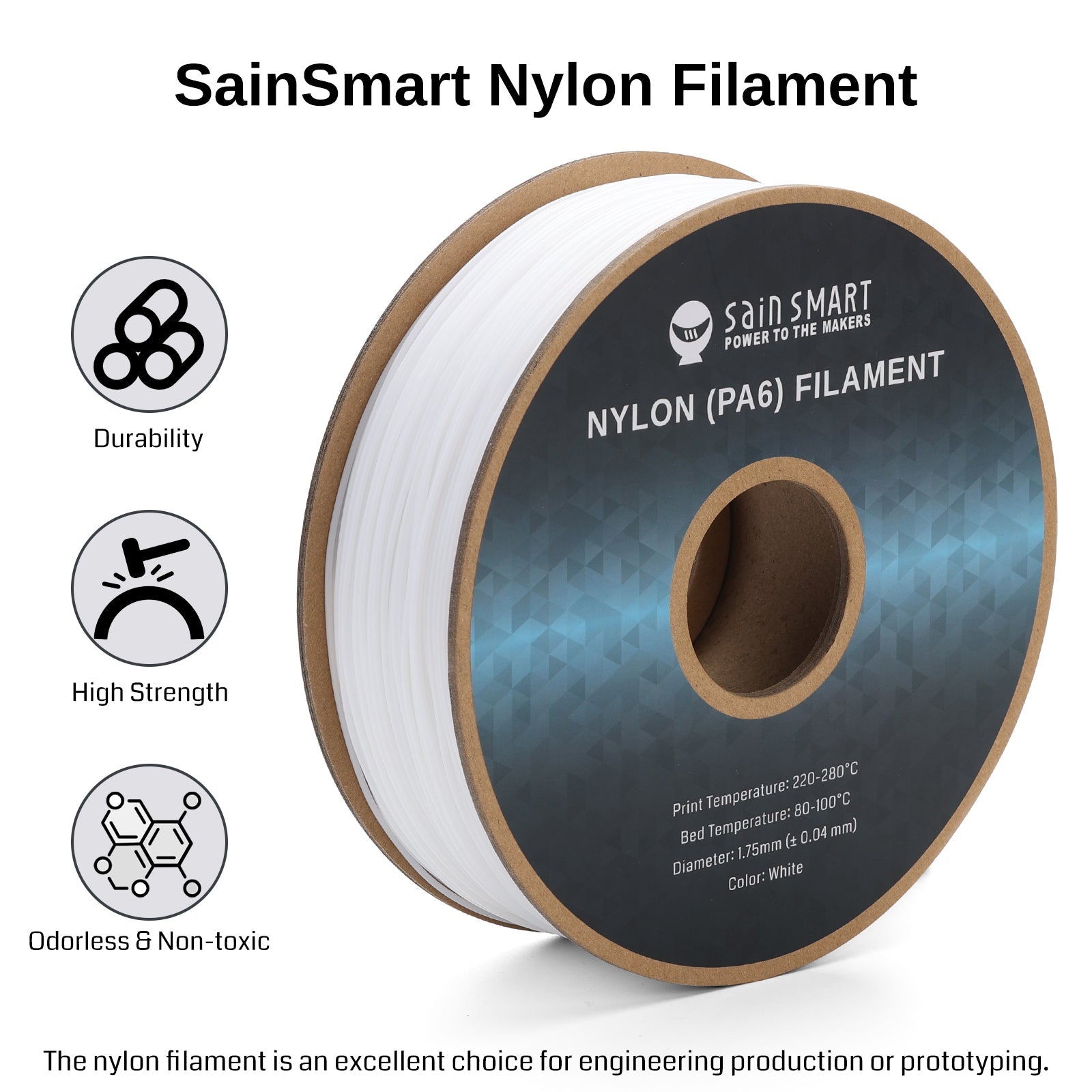 PA6 Nylon Filament 1.75mm, 1kg, Accuracy +/- 0.04 mm SainSmart.com