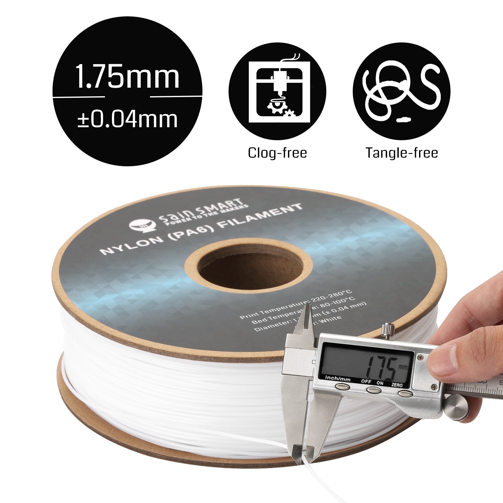 PA6 Nylon Filament 1.75mm, 1kg, Accuracy +/- 0.04 mm SainSmart.com