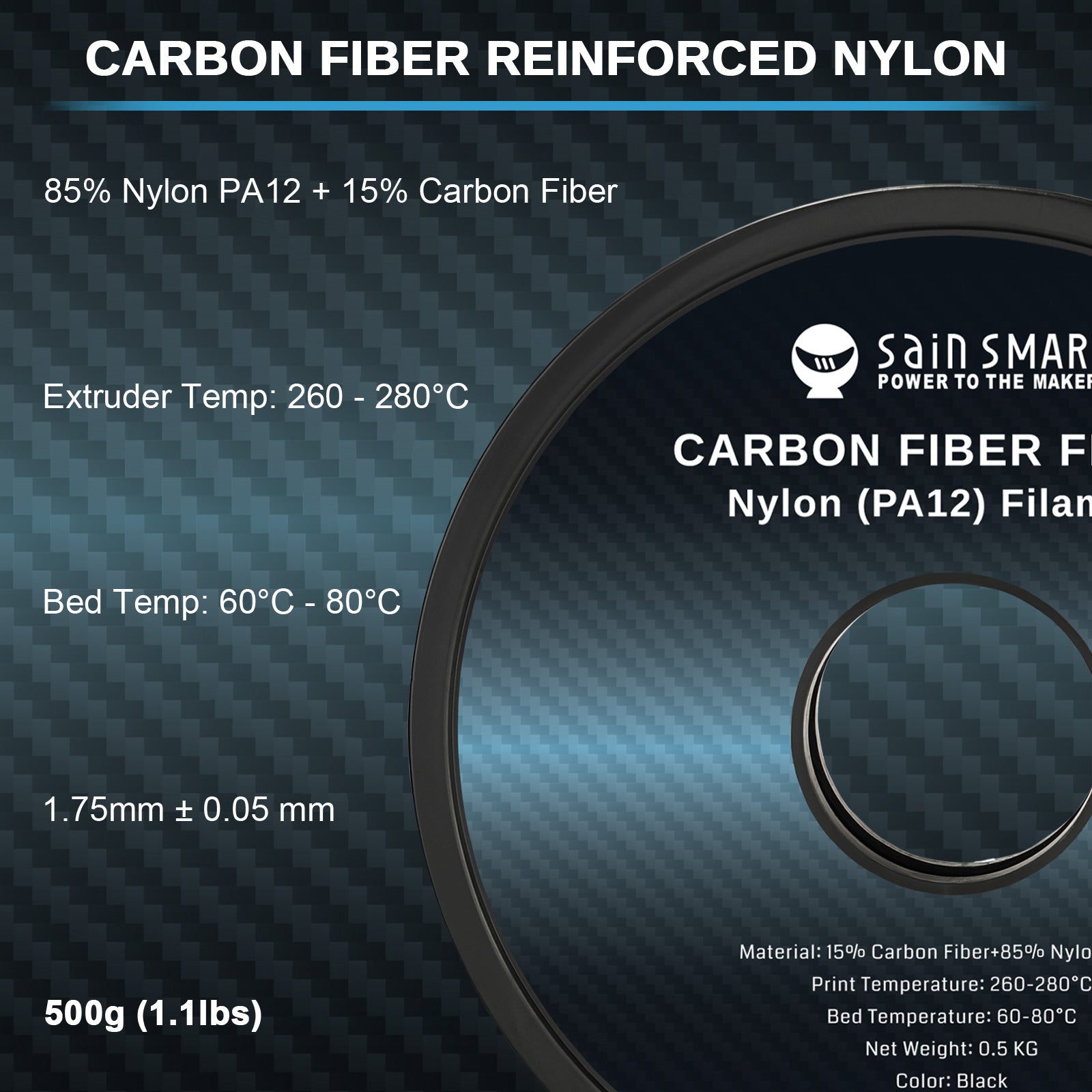 ePA12-CF 1.75mm Carbon Fiber Nylon Filament, 0.5kg, Accuracy +/- 0.05 mm, Black SainSmart.com