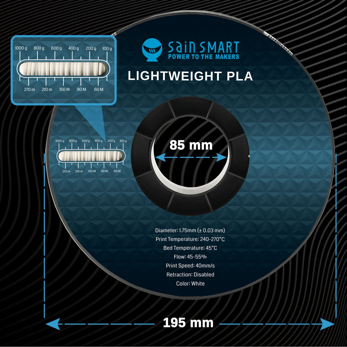 SainSmart LW-PLA Filament – Lightweight Active Foaming PLA, 1.75mm, 1kg (2.2 lb), Black or White SainSmart.com