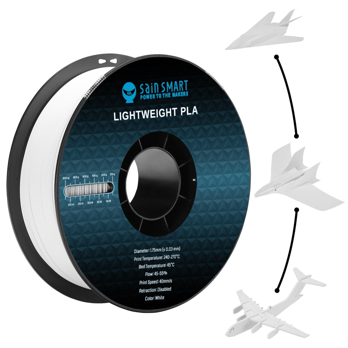 SainSmart LW-PLA Filament – Lightweight Active Foaming PLA, 1.75mm, 1kg (2.2 lb), Black or White SainSmart.com