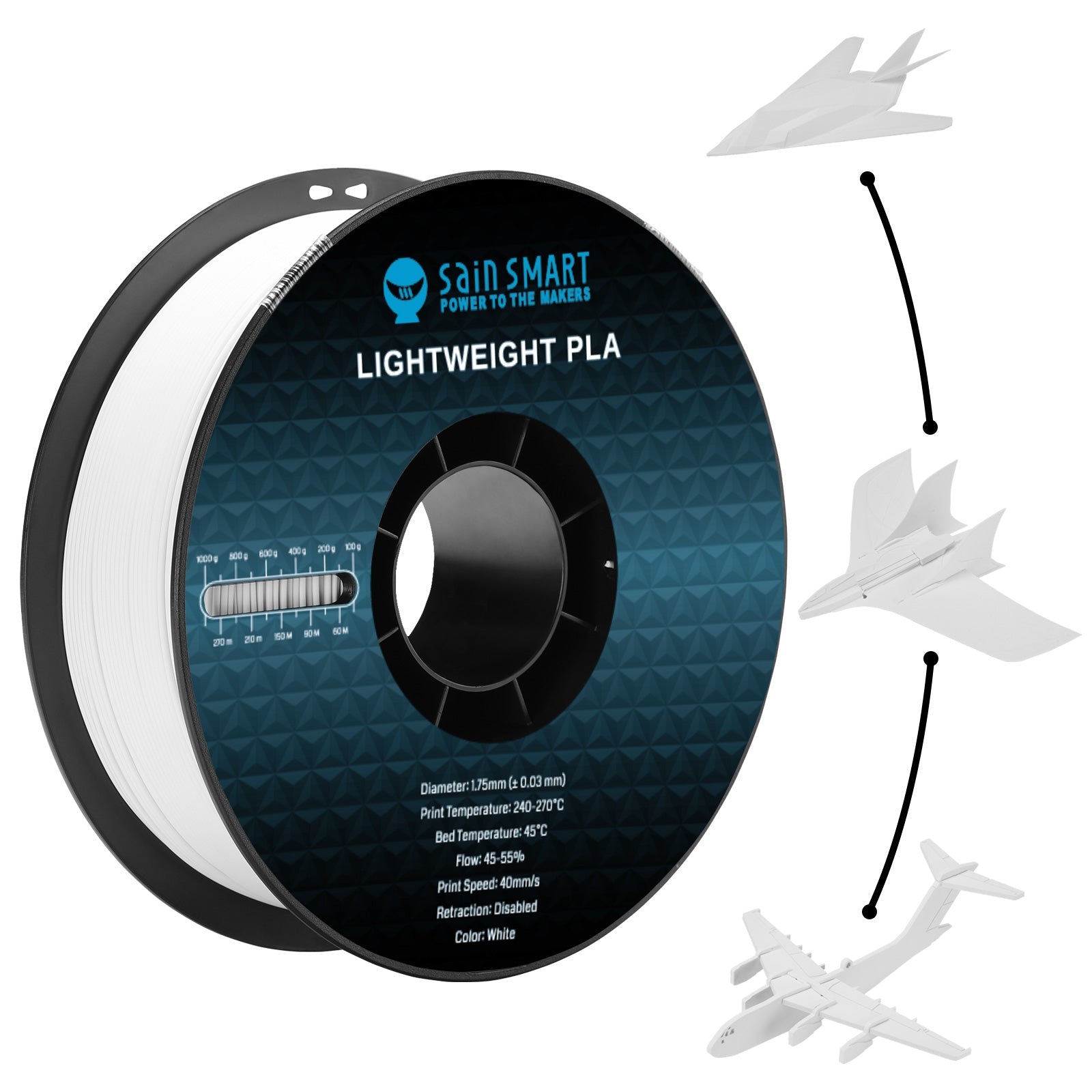 LW-PLA Filament, 1.75mm, Black & White, 1KG, Lightweight Low-Density Active Foaming PLA for 3D Print RC Planes Drone Parts SainSmart.com